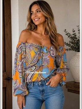 #T168 Venus Vibrant Colored Paisley Balloon Sleeve Top $49